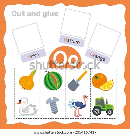 Alphabet worksheet with exercises for preschool kids. Educational cards with game for children. Cut and glue vector illustration. Kids learning material letter O.