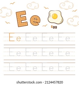 Alphabet worksheet letter E learning with cute egg drawing
