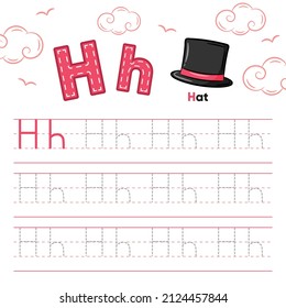 Alphabet worksheet letter H learning with cute hat drawing