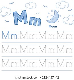 Alphabet Worksheet Letter M Learning With Cute Moon Drawing