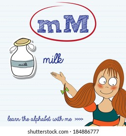 alphabet worksheet of the letter m, vector illustration
