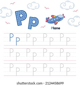 Alphabet worksheet letter P learning with cute plane drawing