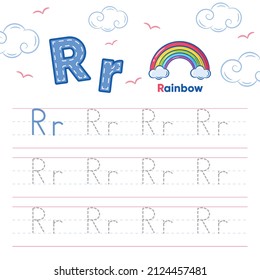 Alphabet worksheet letter R learning with cute ranbow drawing