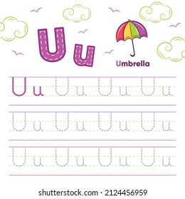 Alphabet worksheet letter U learning with cute umbrella drawing