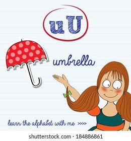 alphabet worksheet of the letter u, vector illustration