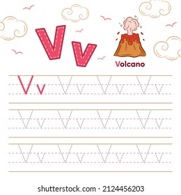 Alphabet Worksheet Letter V Learning With Cute Volcano Drawing