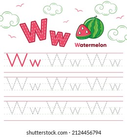 Alphabet-Arbeitsblatt-Buchstabe W mit süßer Wassermelonzeichnung