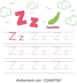 Alphabet Worksheet Letter Z Learning With Cute Zucchini Drawing