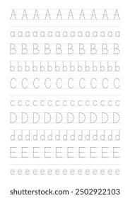 Alphabet worksheet vector. English letters worksheets. Line  tracing worksheets. Writing worksheet.  Learning letters. Writing practice letters.