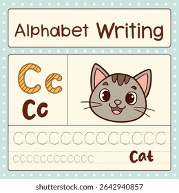 Alphabet Writing Card with Striped Letter C and Cartoon Cat Illu