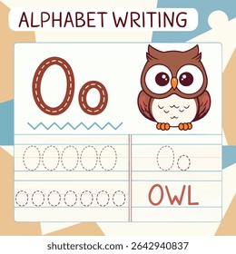 Alphabet Writing: Letter O with Cartoon Owl Illustration for Kid