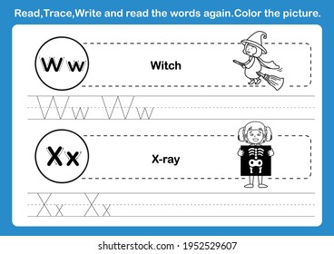 Alphabet W-X exercise with cartoon vocabulary for coloring book illustration, vector