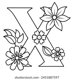 Alphabet X coloring page with the flower, X letter digital outline floral coloring page, ABC coloring page