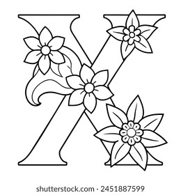 Alphabet X coloring page with the flower, X letter digital outline floral coloring page, ABC coloring page