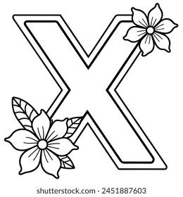 Alphabet X coloring page with the flower, X letter digital outline floral coloring page, ABC coloring page