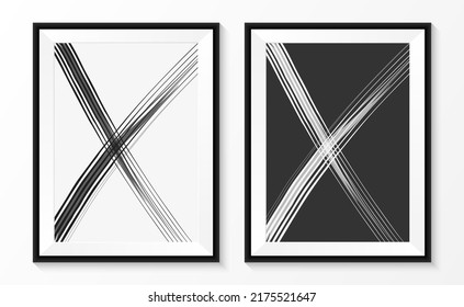 Alphabet "X" hand drawn, Abstract brush black and white picture on paper with black wooden frame. vector illustration.