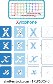 Alphabet X learning letter set practice with xylophone for kids worksheet write isolated background. Vector illustration