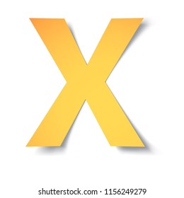 alphabet  X letter 3d carved from paper with soft shadow.Vector origami yellow-gold