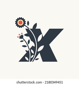 Alphabet X logo design vector template illustration with flowers