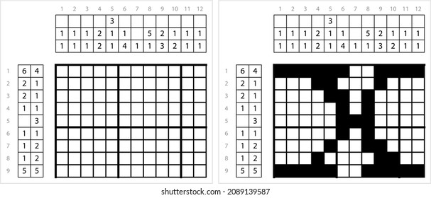 Alphabet x Lowercase Nonogram Pixel Art, Character x, Language Letter Graphemes Symbol Vector Art Illustration, Logic Puzzle Game Griddlers, Pic-A-Pix, Picture Paint By Numbers, Picross