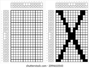 Alphabet X Nonogram Pixel Art, Character X, Language Letter Graphemes Symbol Vector Art Illustration, Logic Puzzle Game Griddlers, Pic-A-Pix, Picture Paint By Numbers, Picross