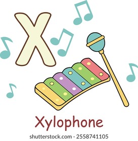 Alphabet X - Xylophone: A colorful and musical illustration perfect for preschool and kindergarten kids' early learning and education concepts.