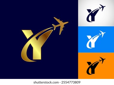 Alphabet Y with airplane. Travel icon. Aviation logo sign, Flying symbol. Flight icon in multiple color variation