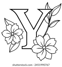 Alphabet Y coloring page with the flower, Y letter digital outline floral coloring page, ABC coloring page