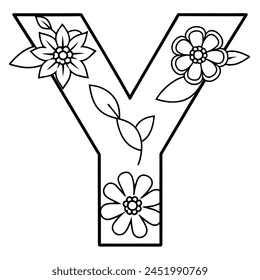 Alphabet Y coloring page with the flower, Y letter digital outline floral coloring page, ABC coloring page