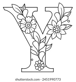 Alphabet Y coloring page with the flower, Y letter digital outline floral coloring page, ABC coloring page