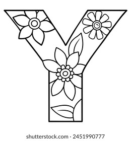 Alphabet Y coloring page with the flower, Y letter digital outline floral coloring page, ABC coloring page