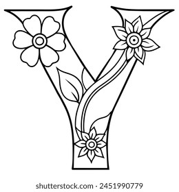 Alphabet Y coloring page with the flower, Y letter digital outline floral coloring page, ABC coloring page