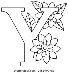 Alphabet Y coloring page with the flower, Y letter digital outline floral coloring page, ABC coloring page