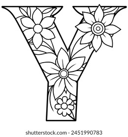 Alphabet Y coloring page with the flower, Y letter digital outline floral coloring page, ABC coloring page