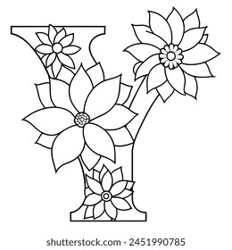 Alphabet Y coloring page with the flower, Y letter digital outline floral coloring page, ABC coloring page