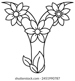 Alphabet Y coloring page with the flower, Y letter digital outline floral coloring page, ABC coloring page