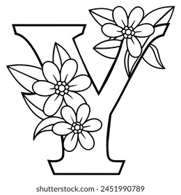 Alphabet Y coloring page with the flower, Y letter digital outline floral coloring page, ABC coloring page