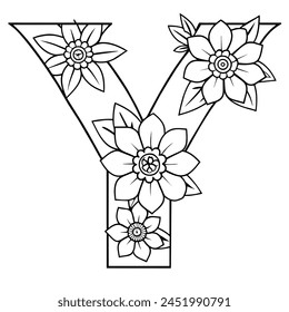 Alphabet Y coloring page with the flower, Y letter digital outline floral coloring page, ABC coloring page