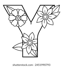 Alphabet Y coloring page with the flower, Y letter digital outline floral coloring page, ABC coloring page