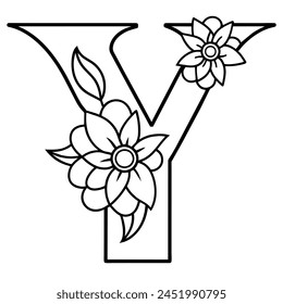 Alphabet Y coloring page with the flower, Y letter digital outline floral coloring page, ABC coloring page