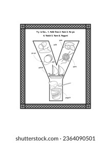 Alphabet Y Letter Coloring Page with Cartoon Vocabulary Learning Worksheet for Preschool, Kindergarten, and Kids Ages 3-5. Y Letter Illustration. Alphabet Coloring Page is perfect gift for children.