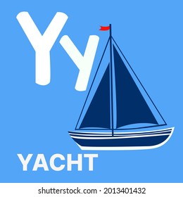 Alphabet Y, Y for yacht. Vector illustration of educational alphabet card cartoon character for kids.
