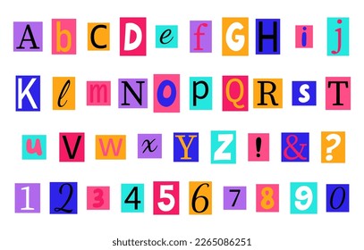 Alphabet in y2k, 90s style. Anonymous colorful letters cut from magazines.