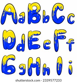 Alphabet with yellow and blue colour, Alphabet from A to i capital letters and lowercase letters cute style art and melted cheese effect