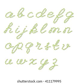 Alphabet in yellow green bakers twine style on white background