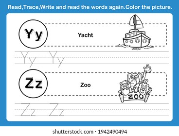 Alphabet Y-Z exercise with cartoon vocabulary for coloring book illustration, vector