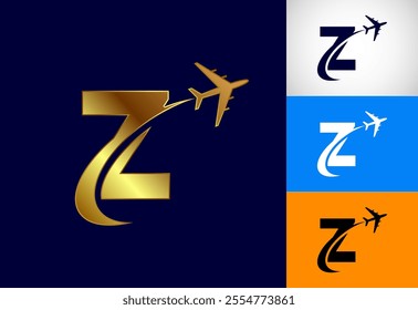 Alphabet Z with airplane. Travel icon. Aviation logo sign, Flying symbol. Flight icon in multiple color variation