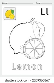 Alphabet A to Z Coloring book - Exercises for kids - vector illustrations and lines. Coloring Lemon for the alphabet L