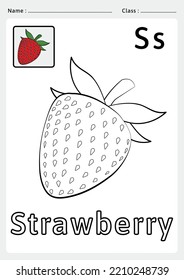 Alphabet A to Z Coloring book - Exercises for kids - vector illustrations and lines. Coloring Strawberry for the alphabet S