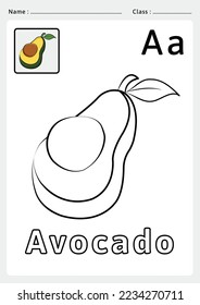 Alphabet A to Z Coloring book - Exercises for kids - vector illustrations and lines. Coloring Avocado for the alphabet A. Vector Art